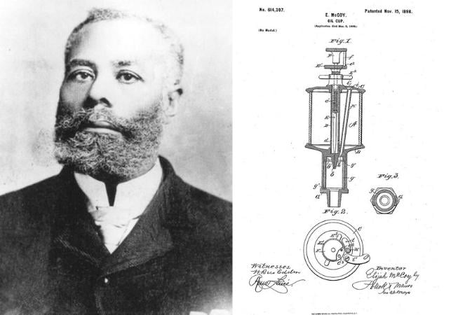 Elijah McCoy and a diagram of his patent for the automatic lubricator