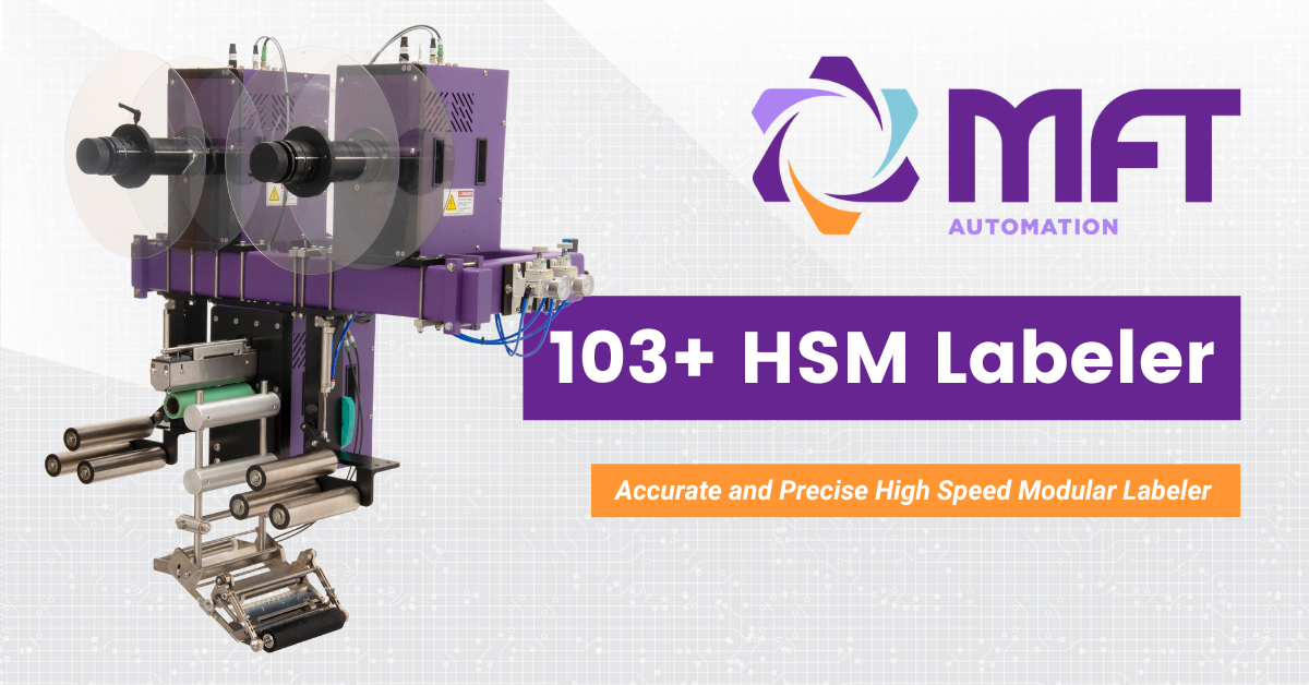Image: 103 + HSM Labeler machine.  Text: 103+ HSM Labeler, Accurate and Precise High Speed Modular Labeler