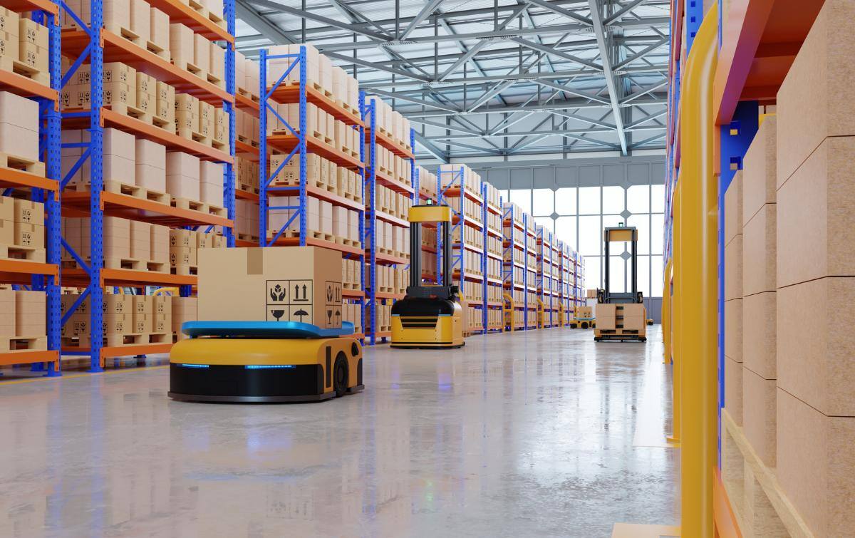 Automated Guided Vehicles (AGV) and automated guided carts (AGCs) in packaging Warehouse