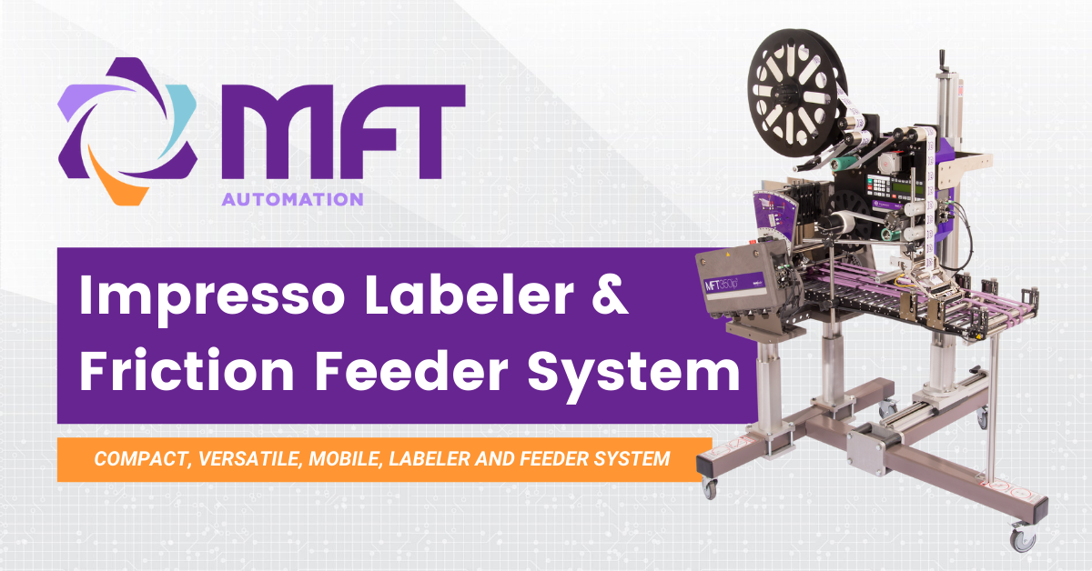 Feeder-Labeler System. Text: Impresso Labeler and Friction Feeder System - Compact, versatile, and mobile, labeler & friction feeder system