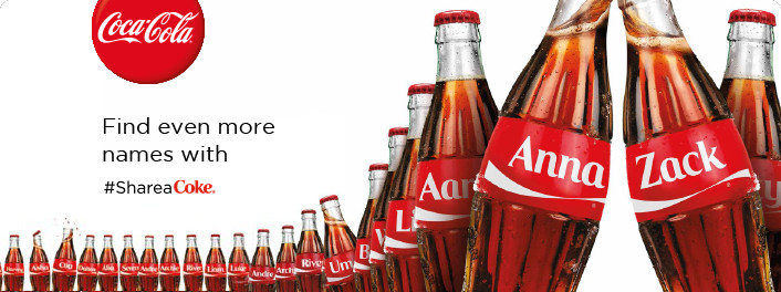 Share a coke promotional image: a line of Coke bottles with names on them