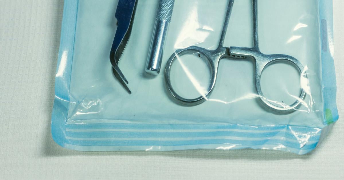 Surgical Supplies in medical packaging. Plastic front and tyvek material backing.